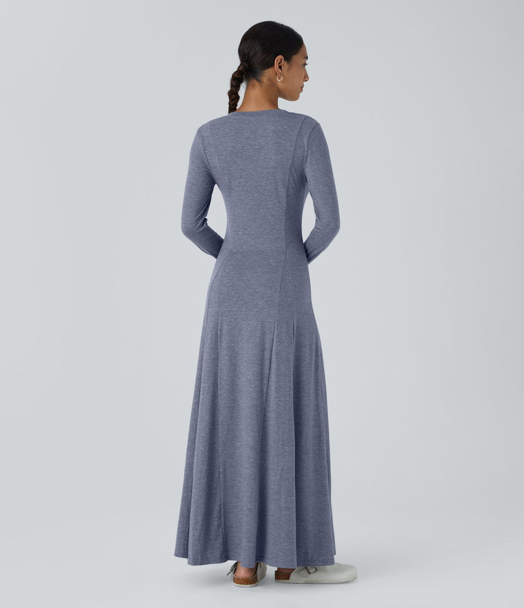 Robe de Casual Maxi Manches Longues Évasées et Boutons au Col Rond