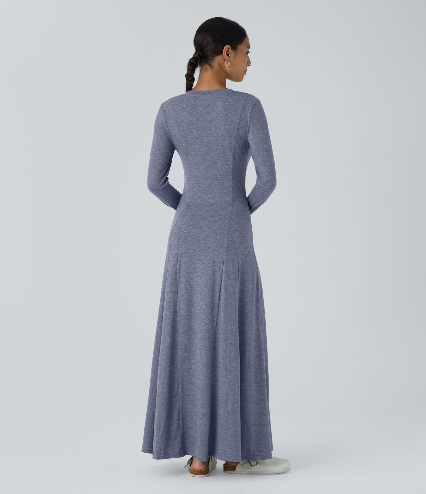 Robe de Casual Maxi Manches Longues Évasées et Boutons au Col Rond