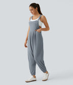 Salopette Casual Bretelles Ajustables Boutonnés Multiples Poches Plis et Tissu Gaufré