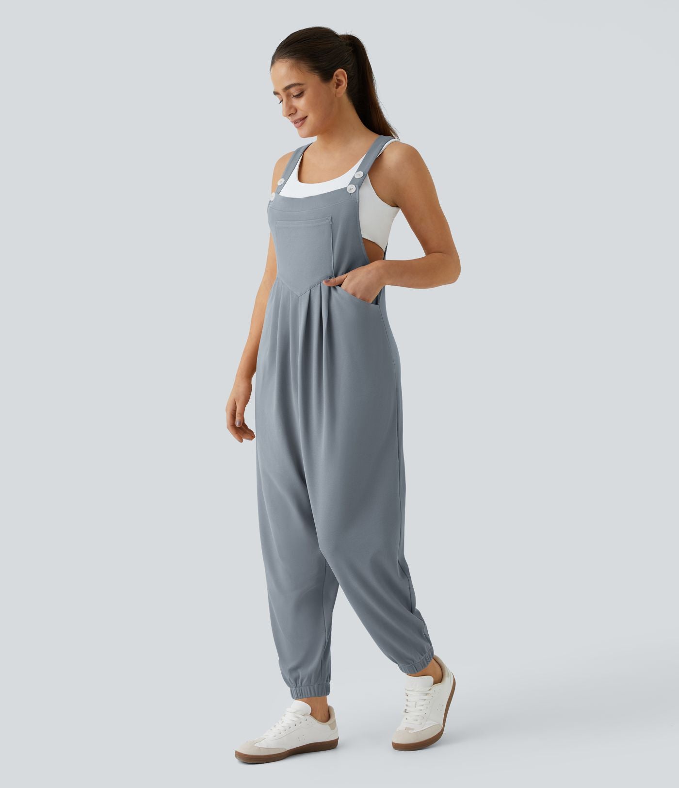Salopette Casual Bretelles Ajustables Boutonnés Multiples Poches Plis et Tissu Gaufré
