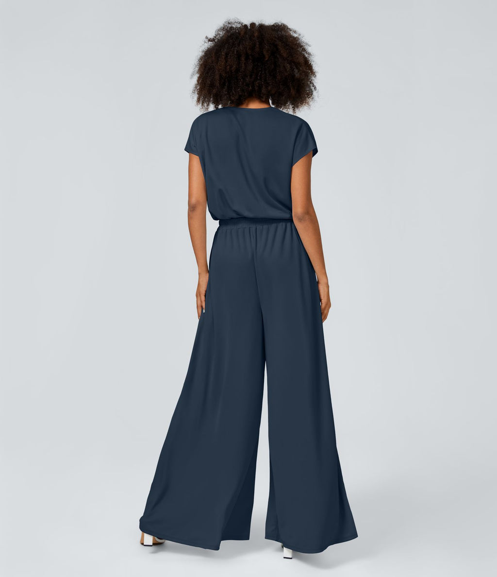 Combinaison Casual Col en V Jambes Large Plissée Manches Courtes Poche Latérale Gaufrée Fluide