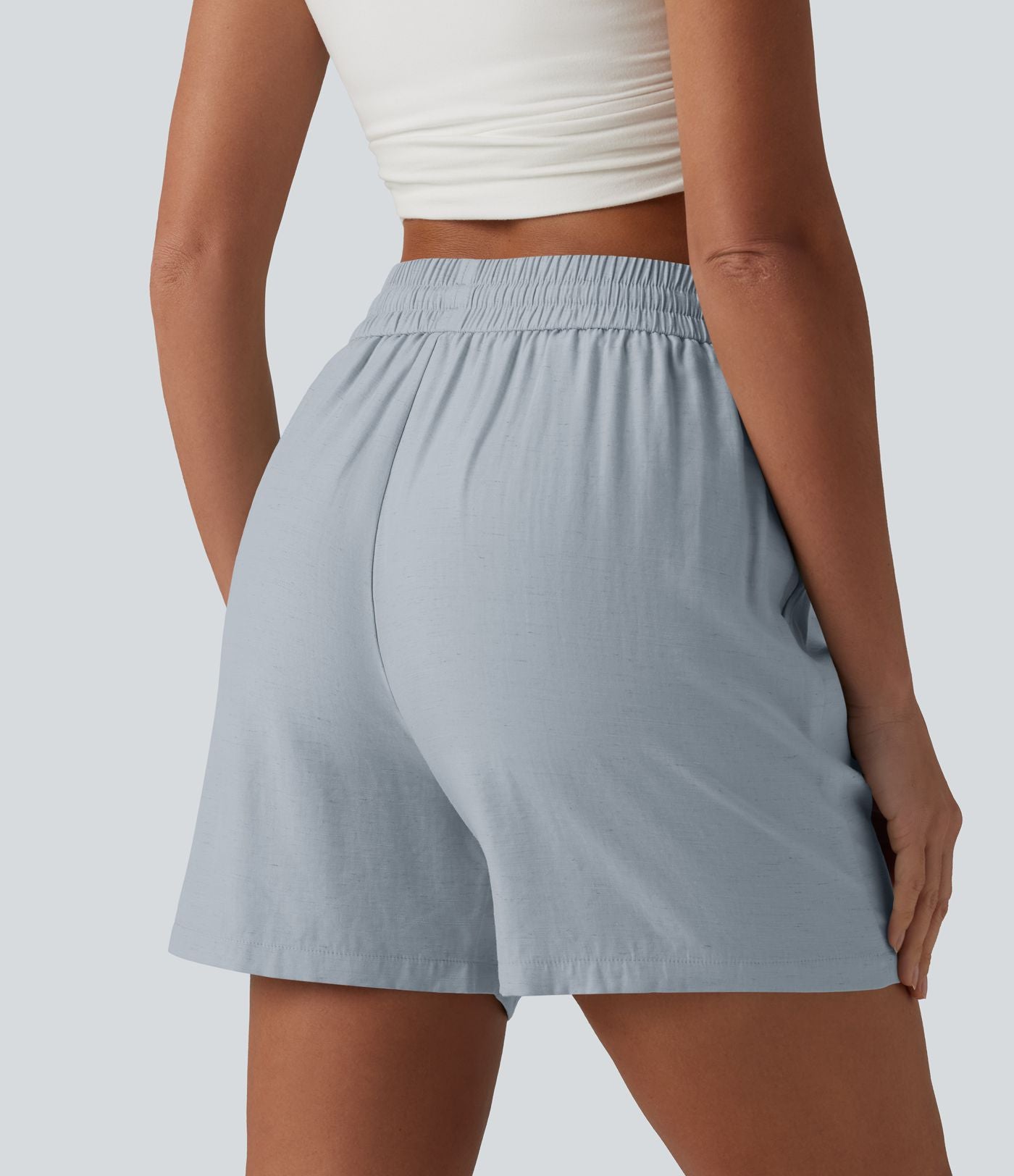 Short décontracté ample en lin mélangé taille haute avec cordon de serrage, 12,5 cm, et poches