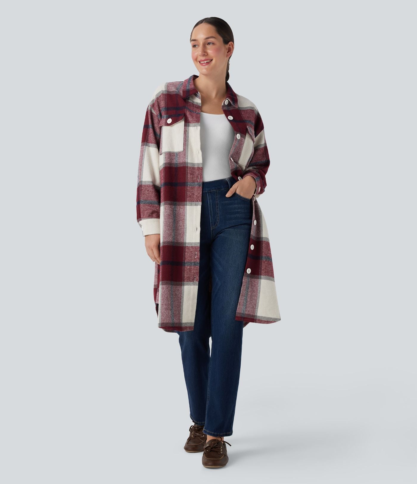 Veste décontractée longue à motif écossais avec ourlet arrondi et poches