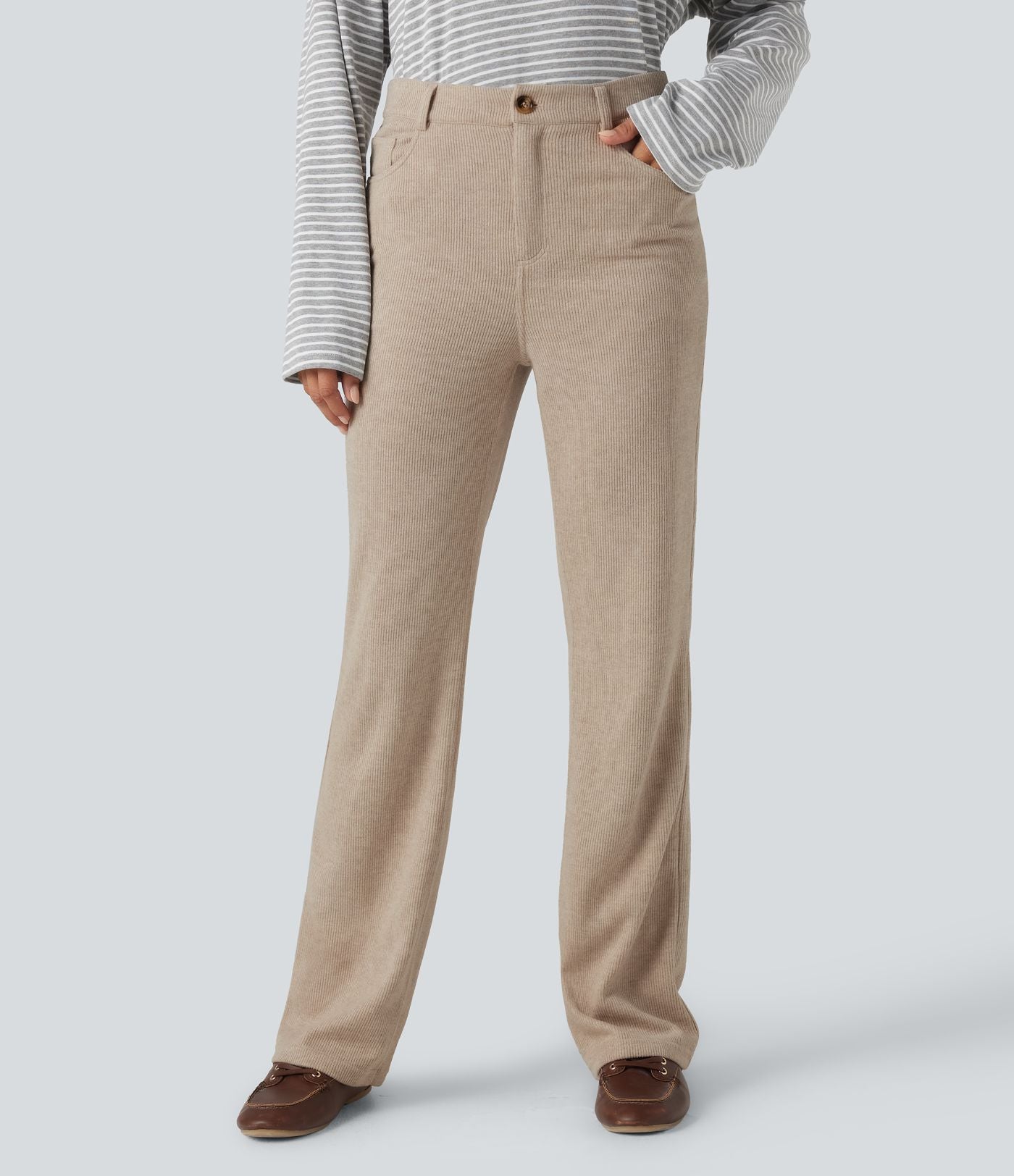 Pantalon bootcut côtelé taille haute avec poches