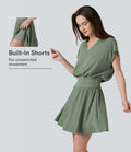 Robe mini décontractée 2-en-1 en maille côtelée mélange de lin, col V, manches courtes, coupe fluide