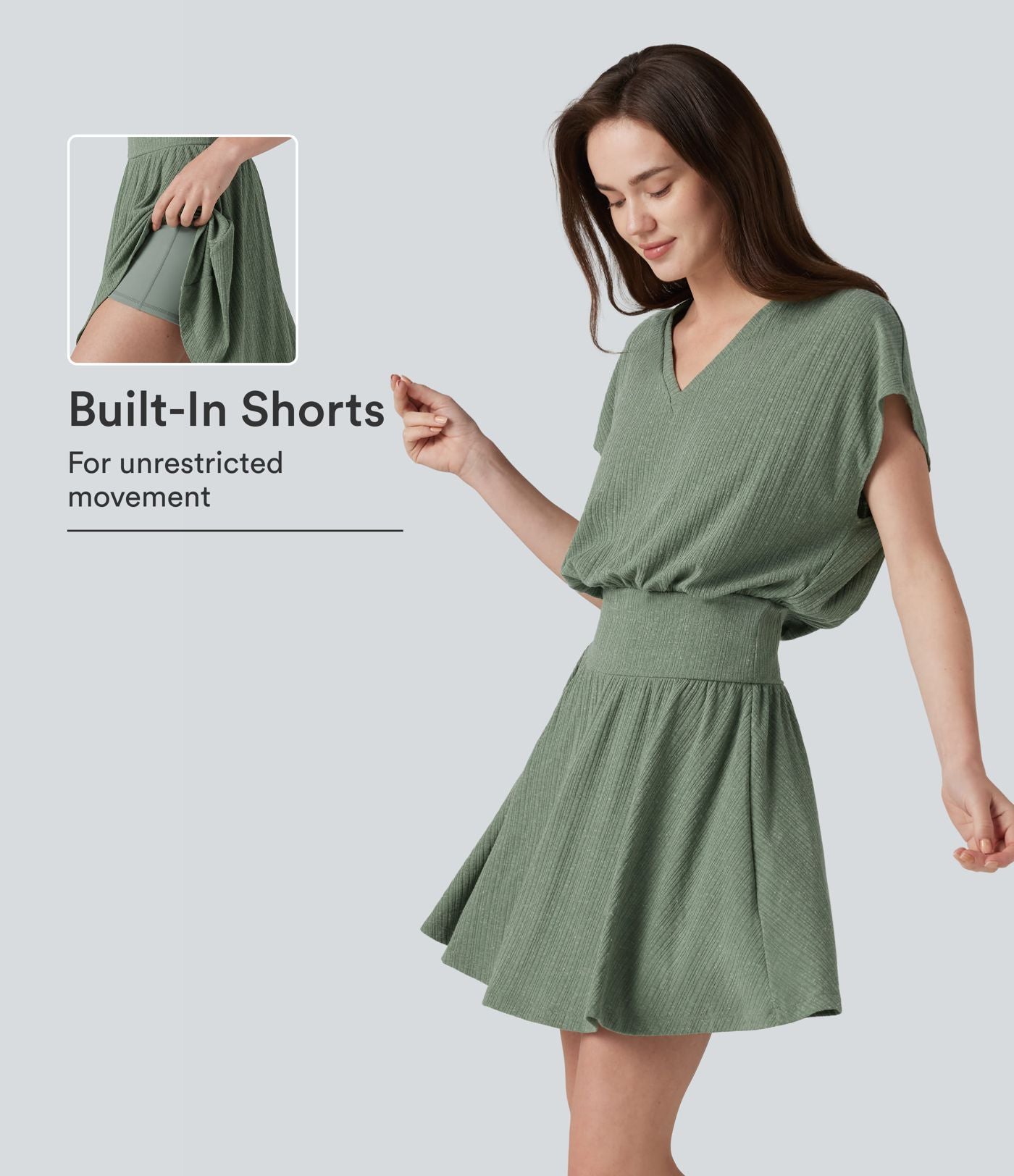 Robe mini décontractée 2-en-1 en maille côtelée mélange de lin, col V, manches courtes, coupe fluide