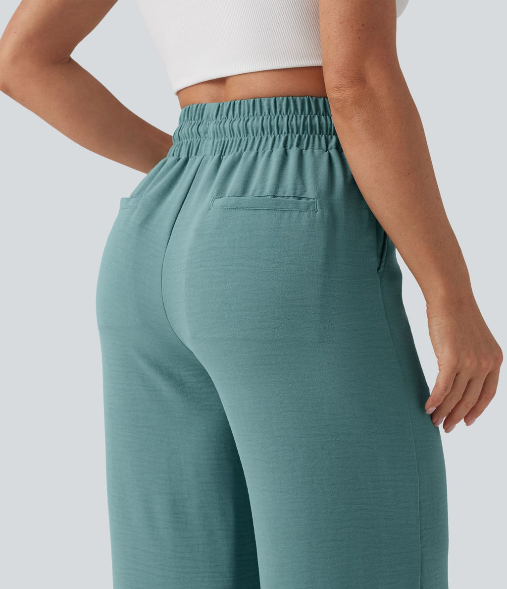 Pantalon casual 7/8 taille haute aspect lin à cordon de serrage et ourlet arrondi avec poches
