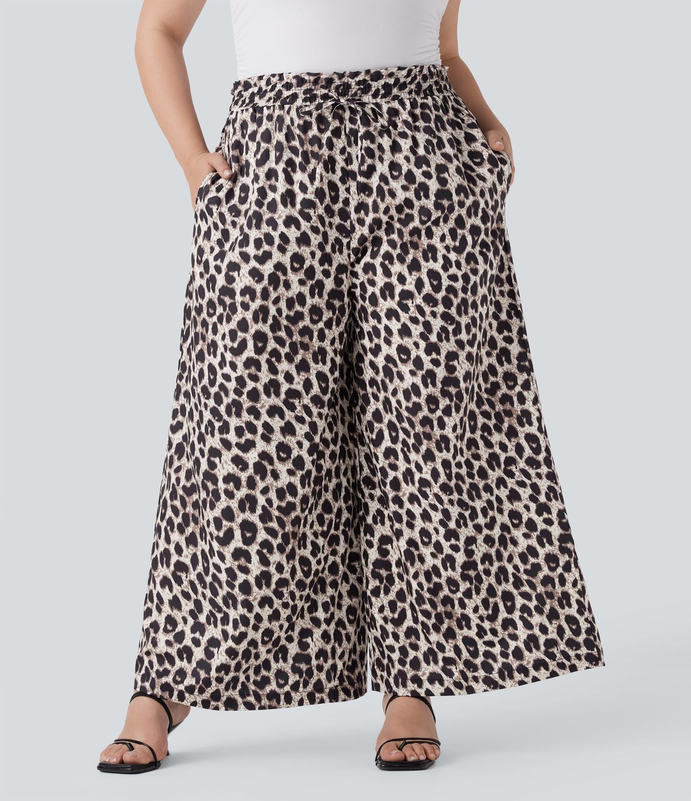 Pantalon décontracté grande taille large fluide taille haute imprimé léopard avec cordon de serrage et poches latérales