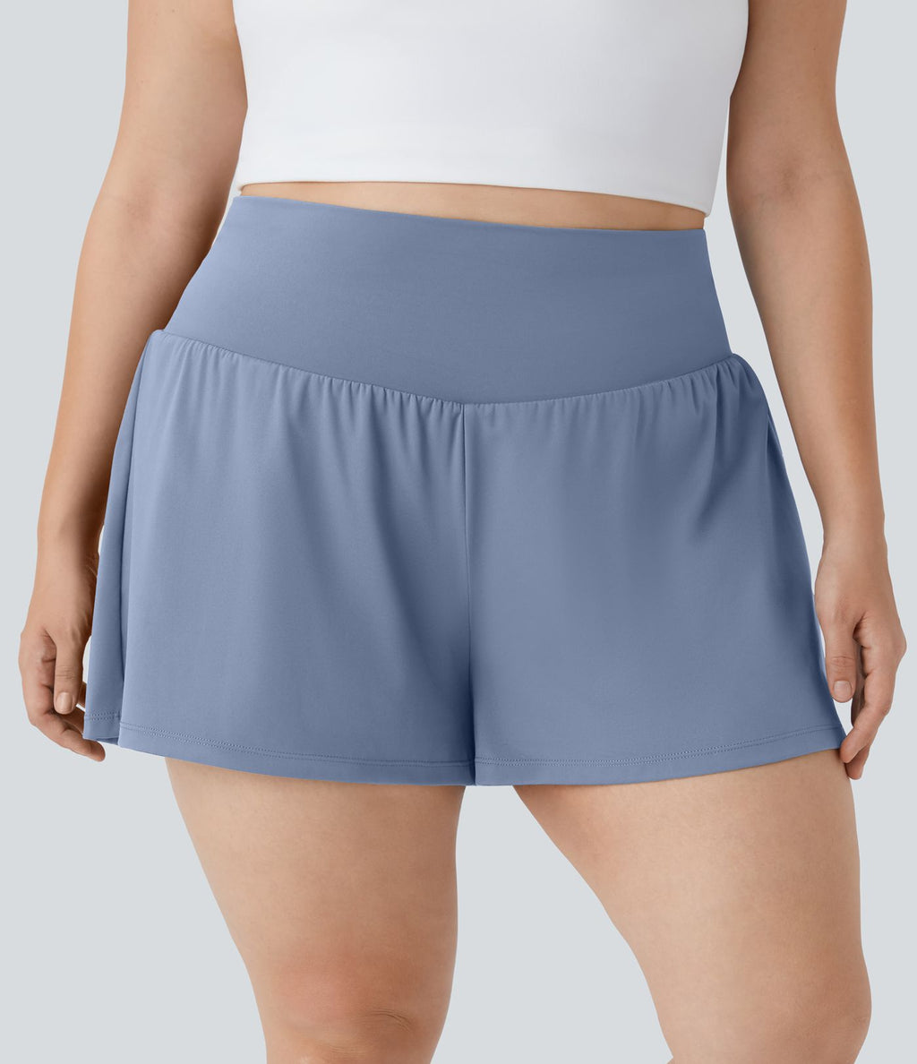 Short Yoga 10cm Plus Longue Taille Ultra Haute 2 en 1 Poche Arrière Poche Cachée Latérale Grande Taille