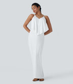 Robe Longue de Vacances avec Col V Dos Nu à Nouer et Fronces