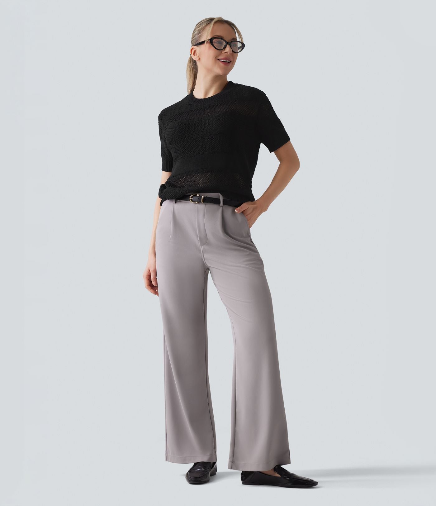 Pull tailleur col rond manches courtes crochet