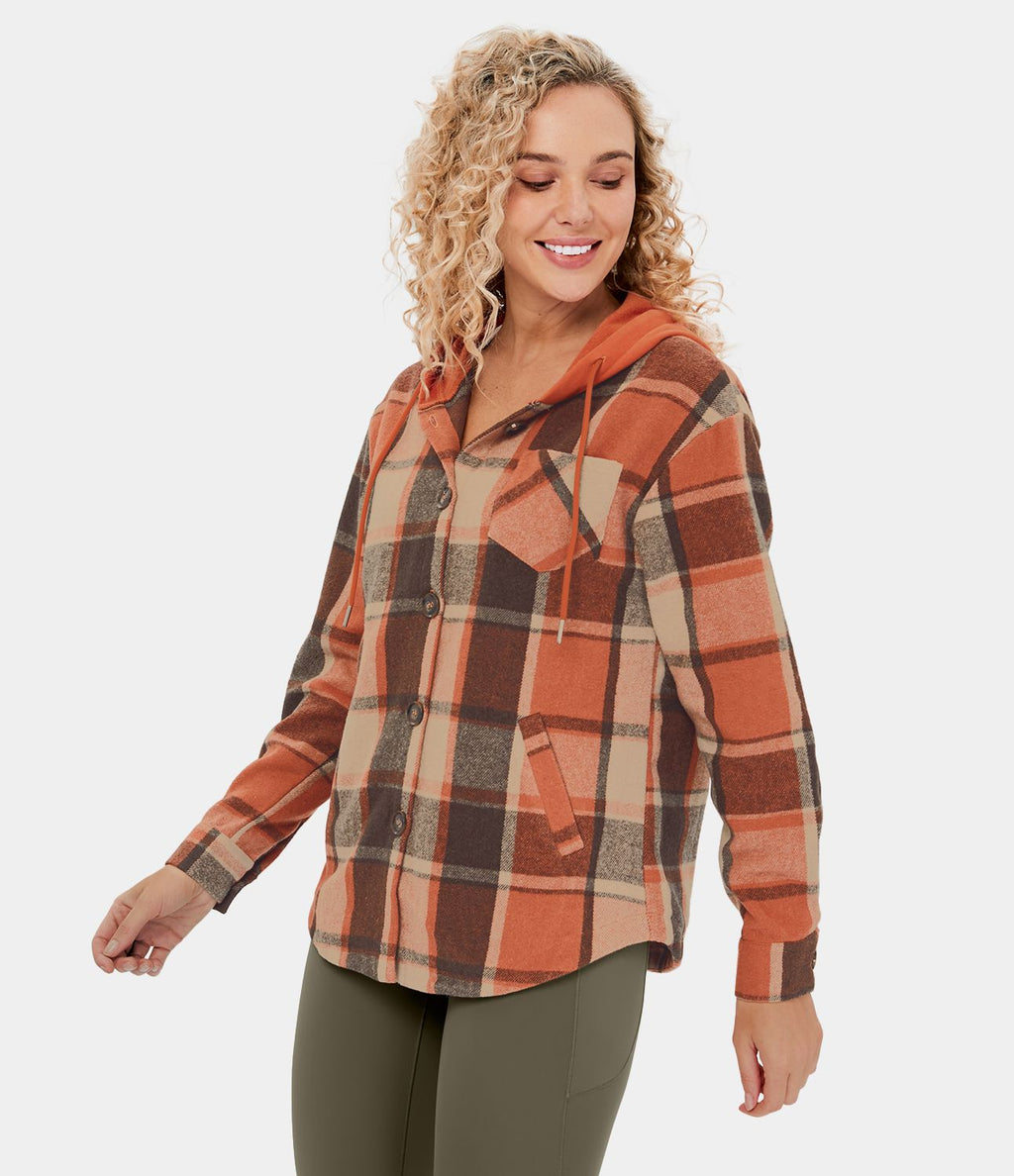 Veste de Casual à Carreaux en Polaire à Capuche avec Cordon de Serrage Boutons et Poches Latérales