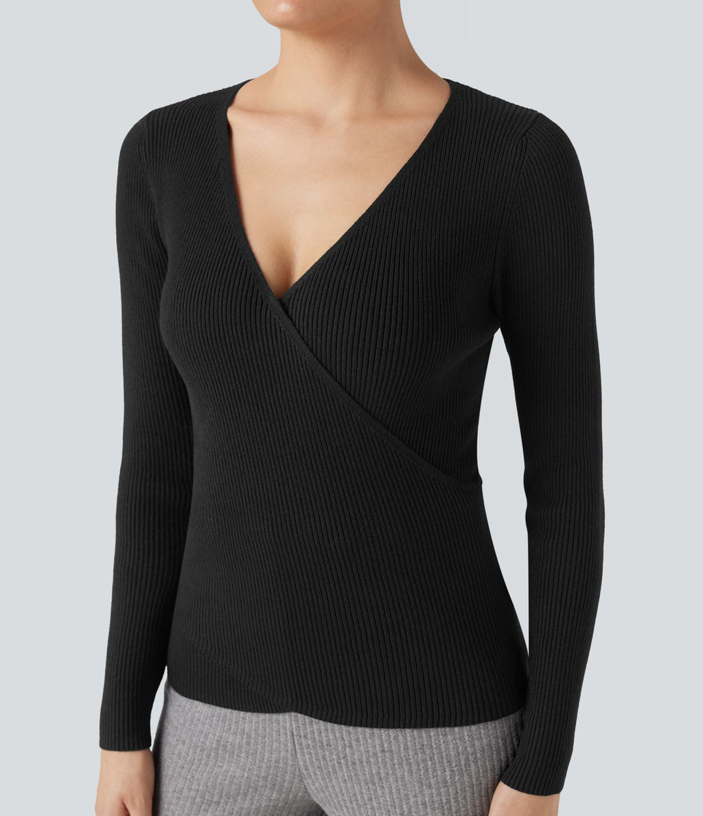 Pull col V manches longues croisé ajusté