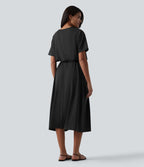 Robe T-shirt casual midi fluide col rond manches courtes avec ceinture et poches