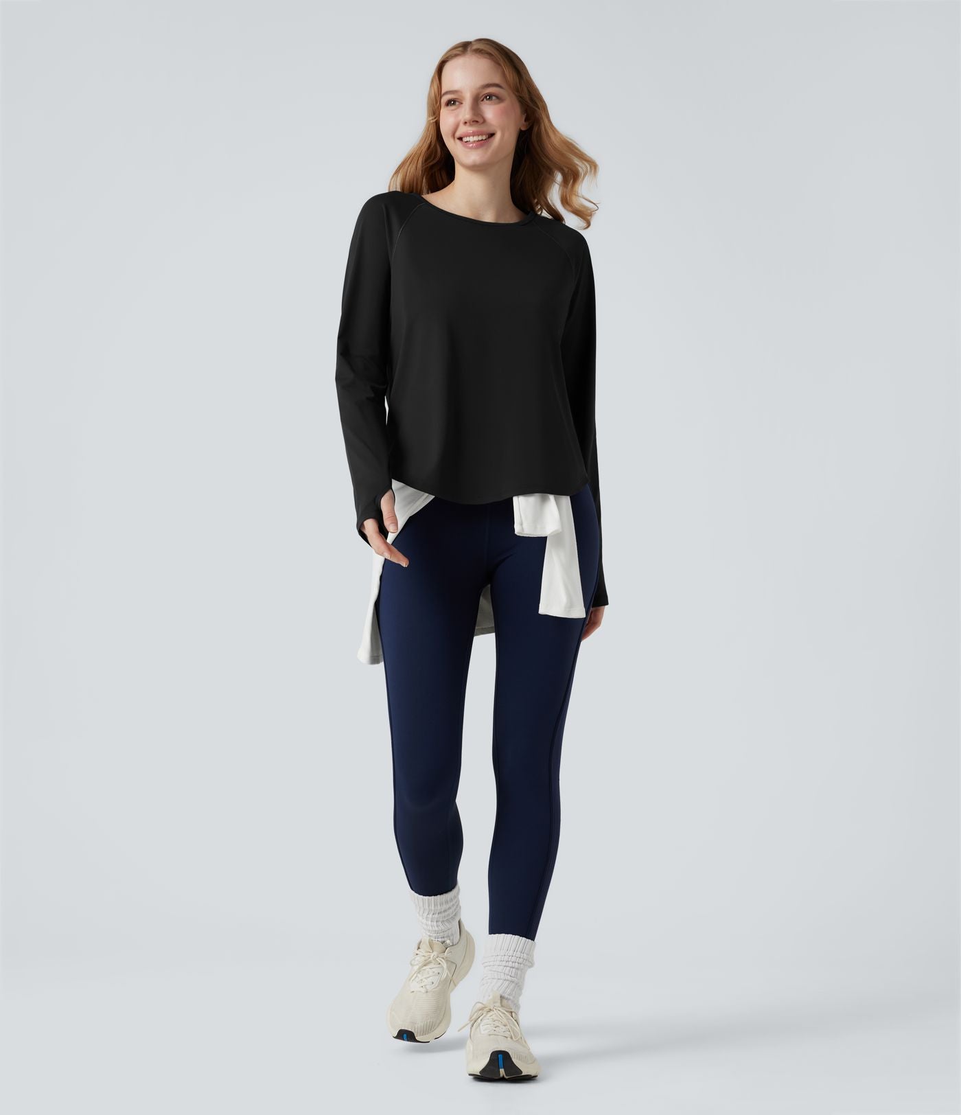 Top de sport col rond mesh contrastant manches longues avec trous pouces