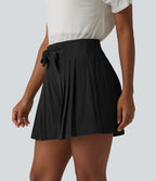 Short casual taille haute à nœud frontal froncé plissé effet lin avec poches