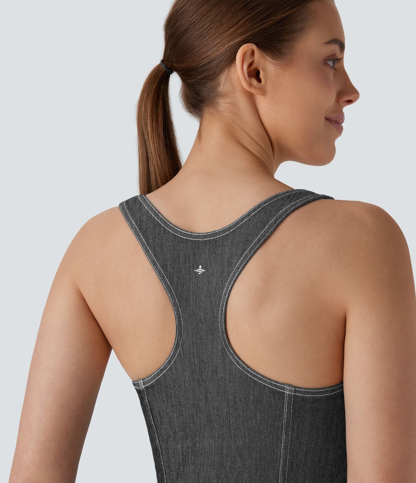 Body de tennis Halara Flex™ en denim stretch délavé à col carré, dos nageur et effet frais InstantCool