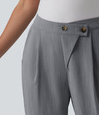 Pantalon tailleur aspect lin fuselé taille haute asymétrique avec poches