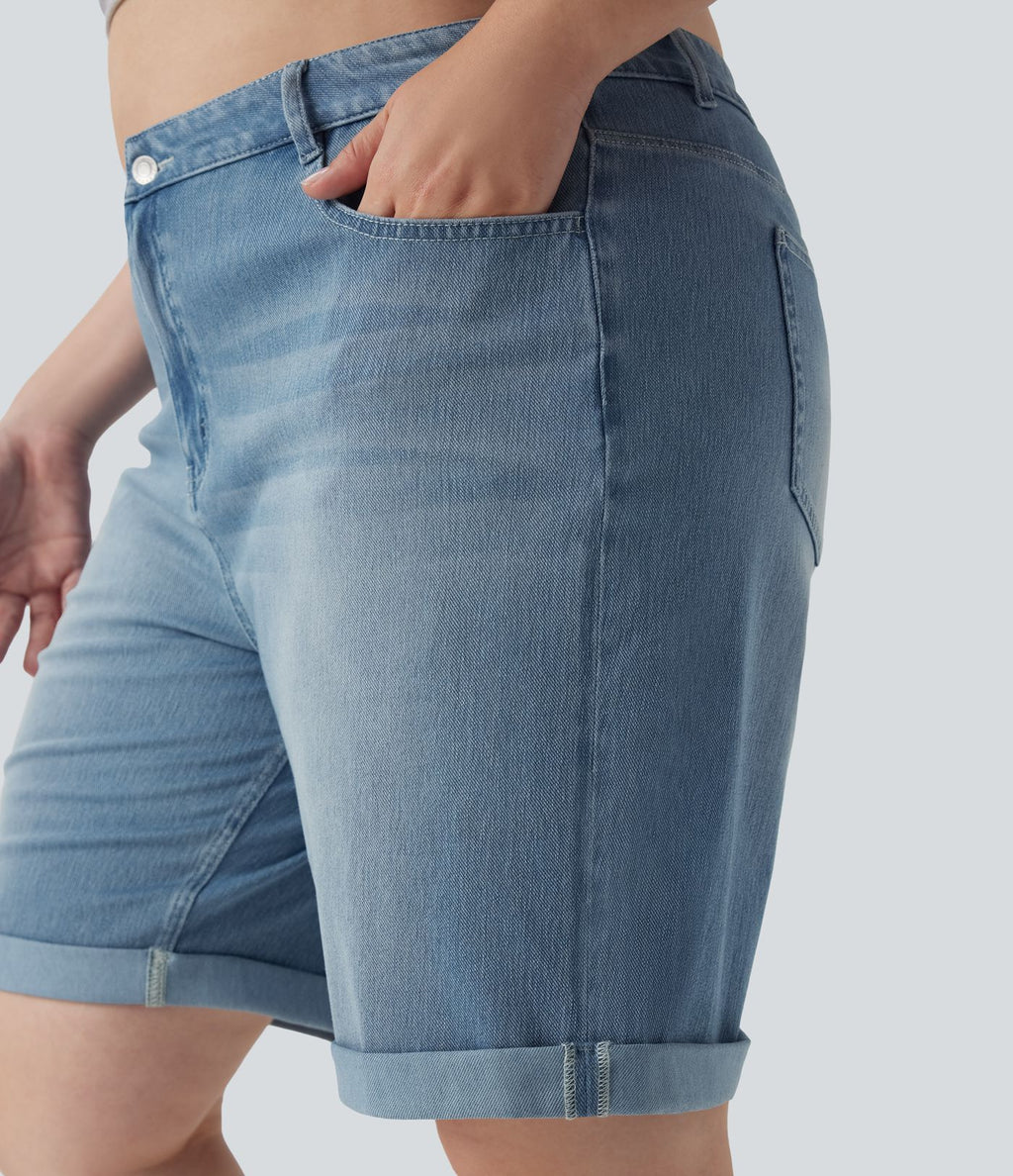 Short bermuda casual denim grande taille Halara Flex™ tricot extensible délavé taille haute multiples poches ourlet roulotté