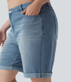 Short bermuda casual denim grande taille Halara Flex™ tricot extensible délavé taille haute multiples poches ourlet roulotté