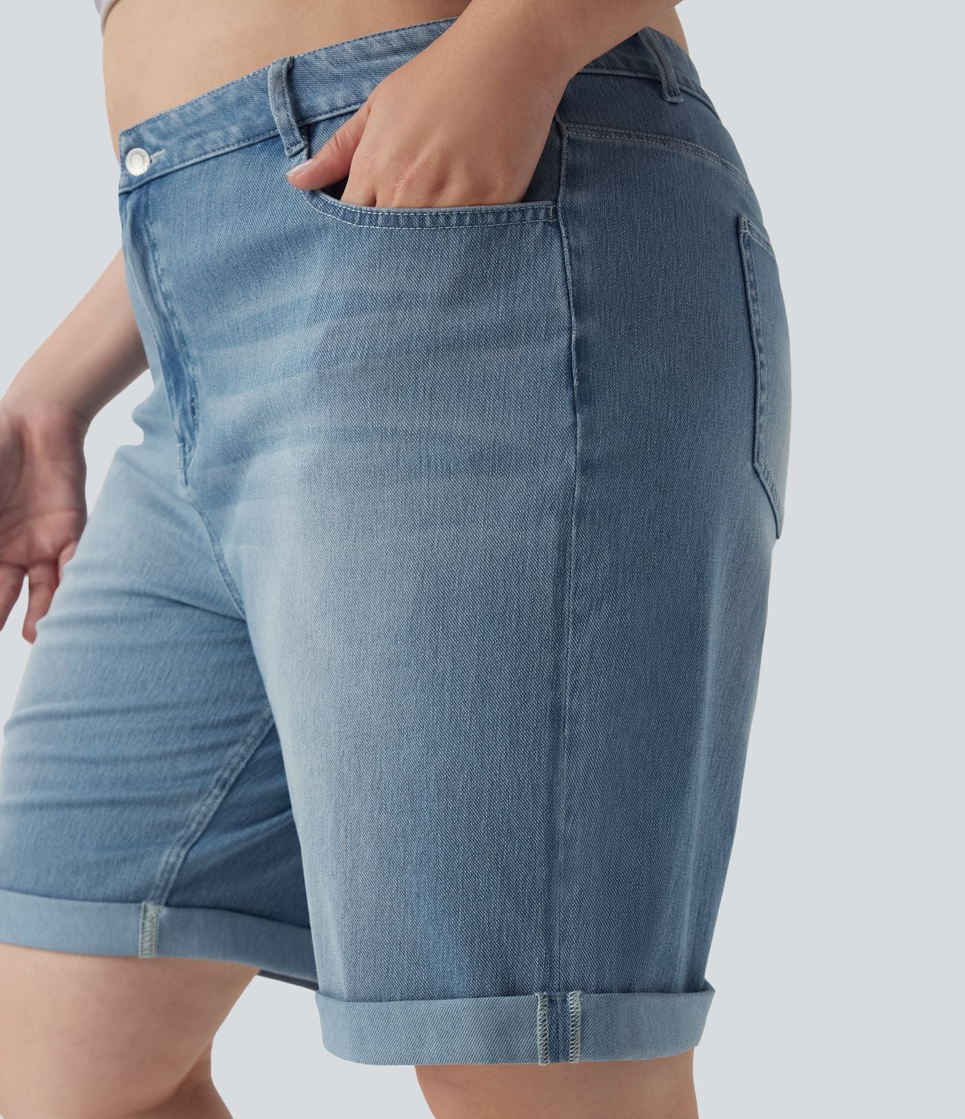 Short bermuda casual denim grande taille Halara Flex™ tricot extensible délavé taille haute multiples poches ourlet roulotté