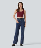 Halara Flex™ Jean droit extensible à taille haute avec bouton, fermeture éclair et poches multiples