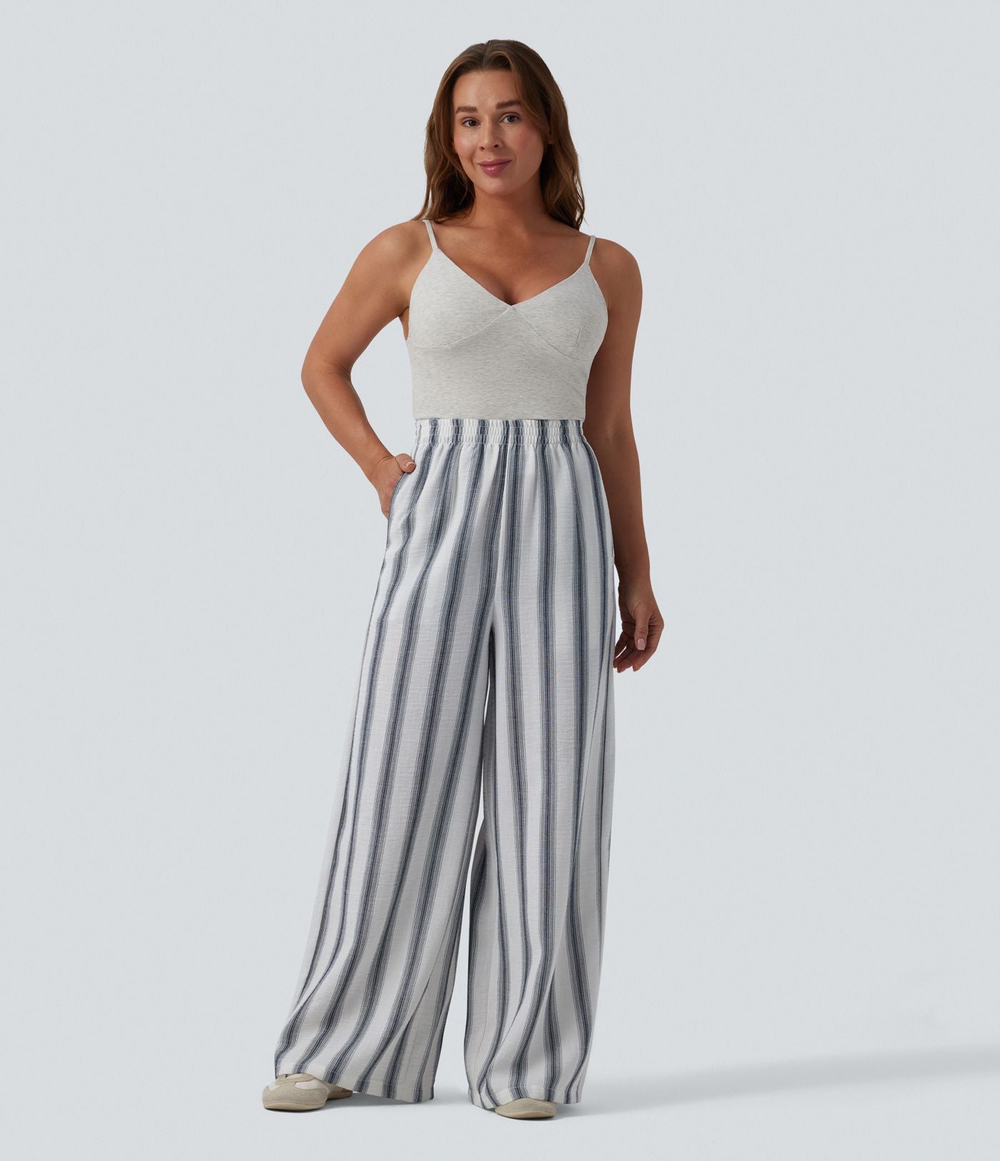 Pantalon casual ample taille haute aspect lin à rayures avec poches