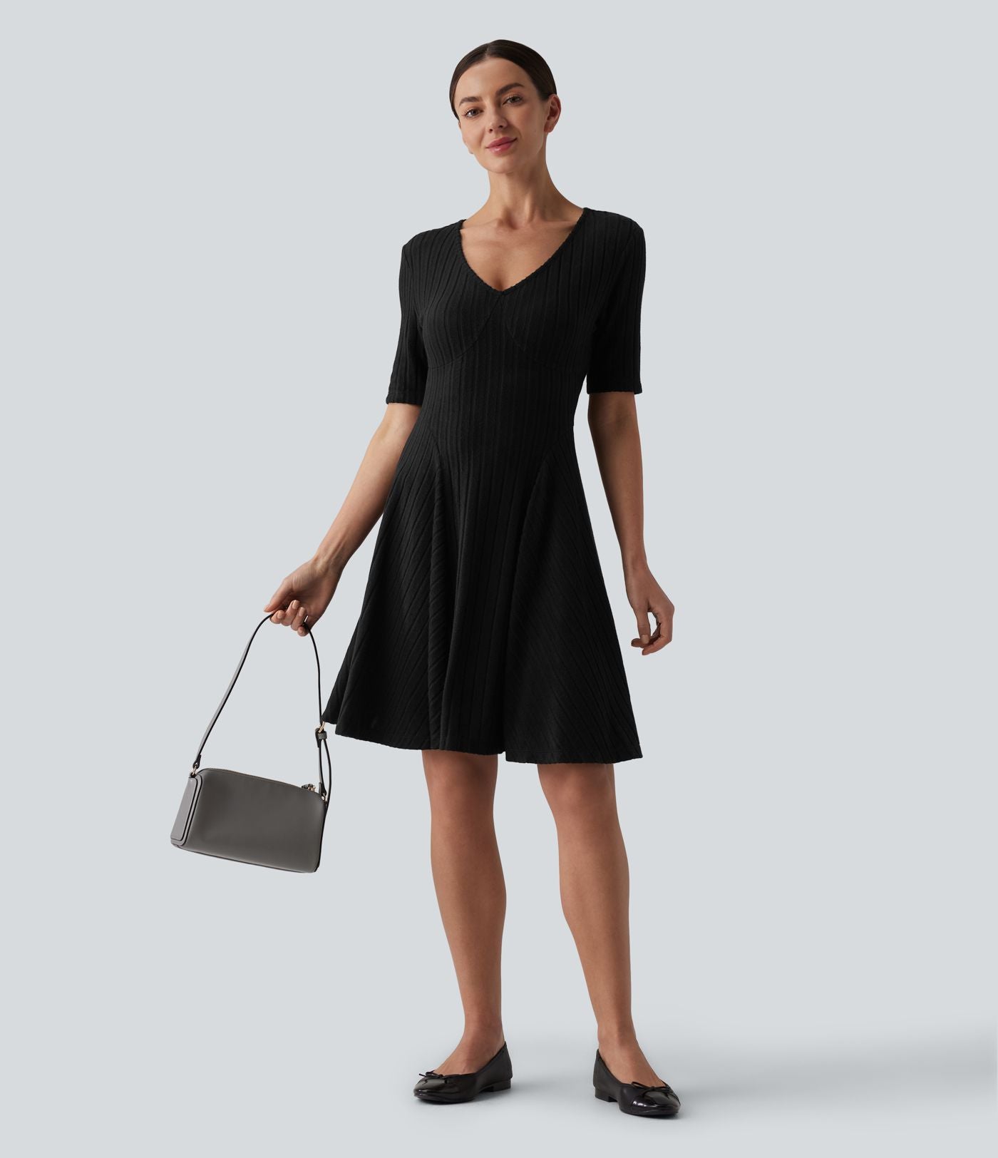 Robe mini casual évasée col V manches courtes en maille côtelée