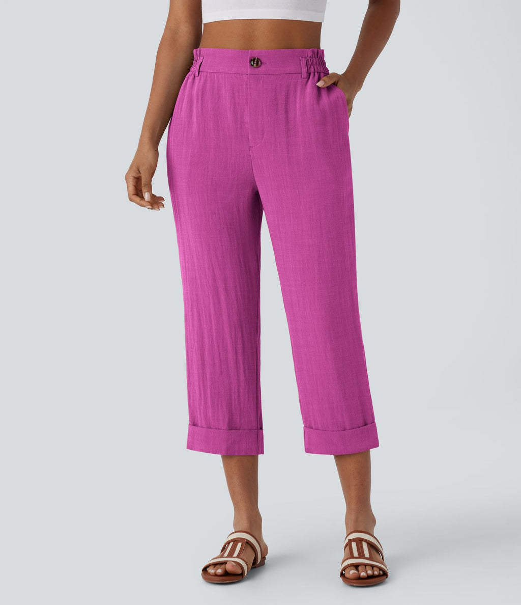 Pantalon capri effet lin taille haute avec poches zippées