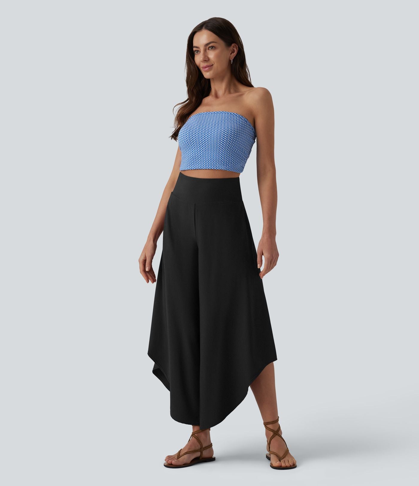 Pantalon ample gainant taille haute à ourlet volants avec poches