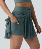 Jupe mini fluide évasée 2-en-1 taille haute à cordon, empiècements en mesh contrastant, avec poche, version plus longue