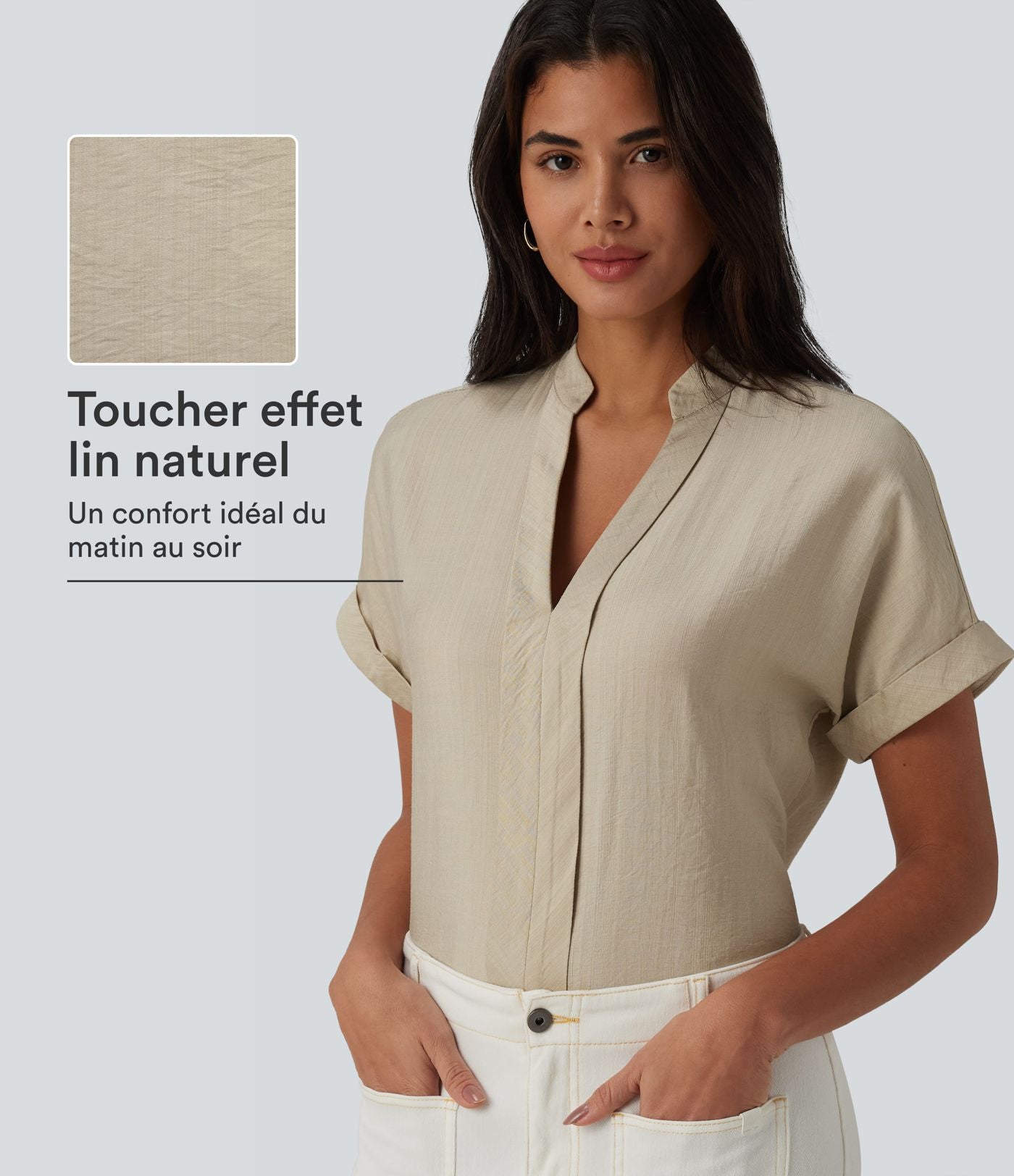 Chemise col V manches courtes aspect lin pour le bureau
