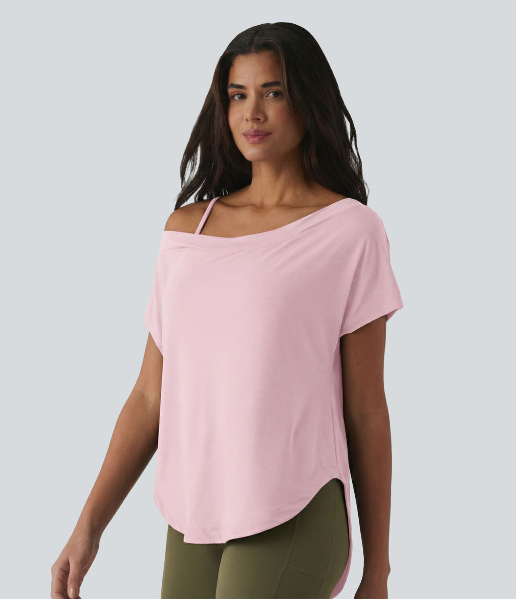Top de yoga à une épaule, manches courtes, ourlet asymétrique et soutien-gorge intégré à séchage rapide