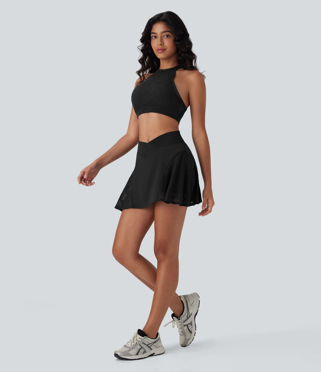 Jupe mini de yoga 2-en-1 SoftlyZero™ Airy croisée taille haute avec dentelle contrastante, à effet frais InstantCool et poche, protection solaire UPF50+