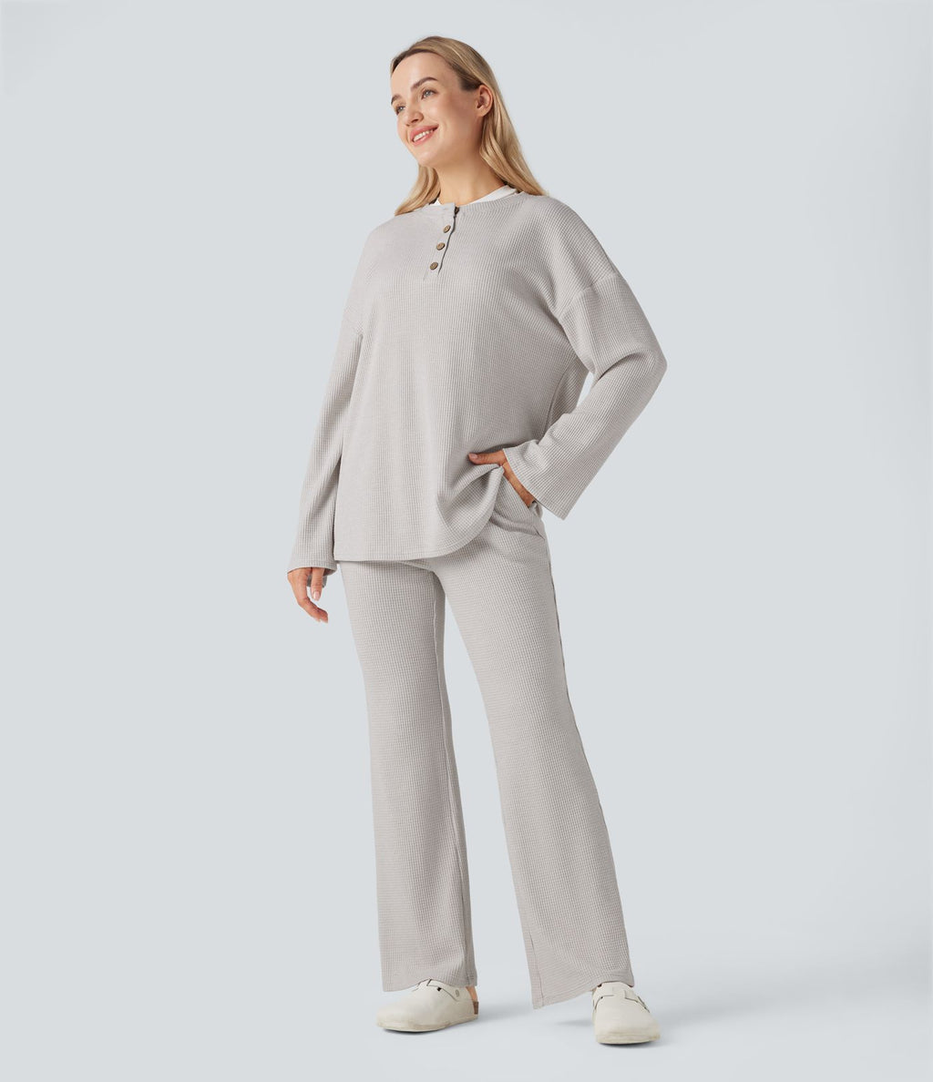 Pantalon décontracté évasé maille gaufrée taille haute avec poches