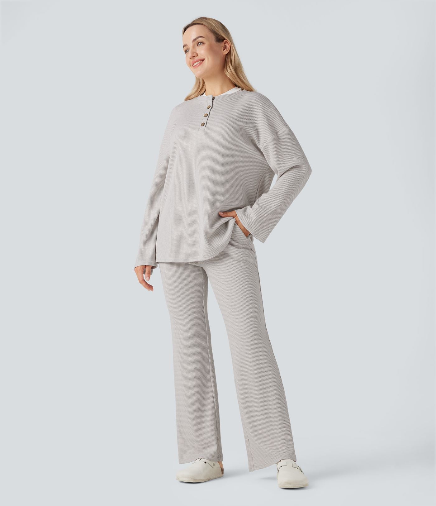 Pantalon décontracté évasé maille gaufrée taille haute avec poches