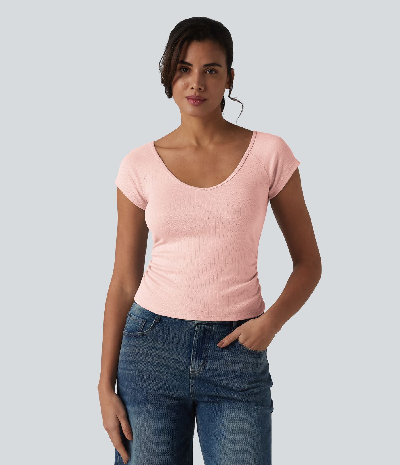 T-shirt col V manches courtes avec fronces