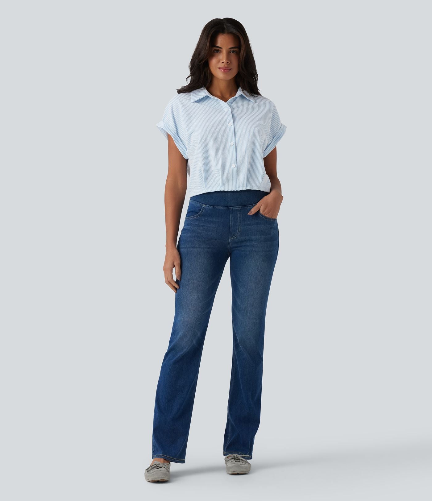 Chemise casual coton froissé à rayures col et manches chauve-souris