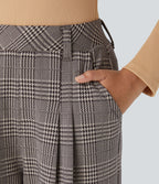 Pantalon taille haute décontracté large à carreaux, avec poches