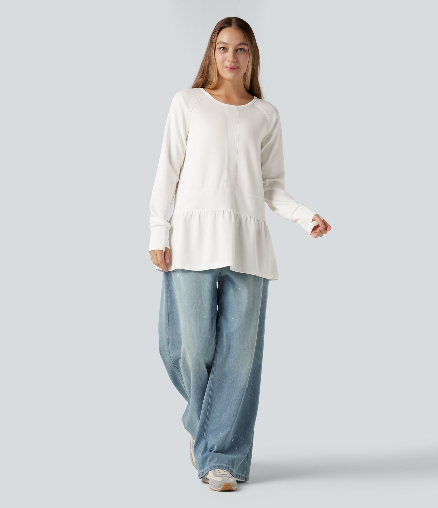 Sweat-shirt col rond volants manches longues avec trous pouces