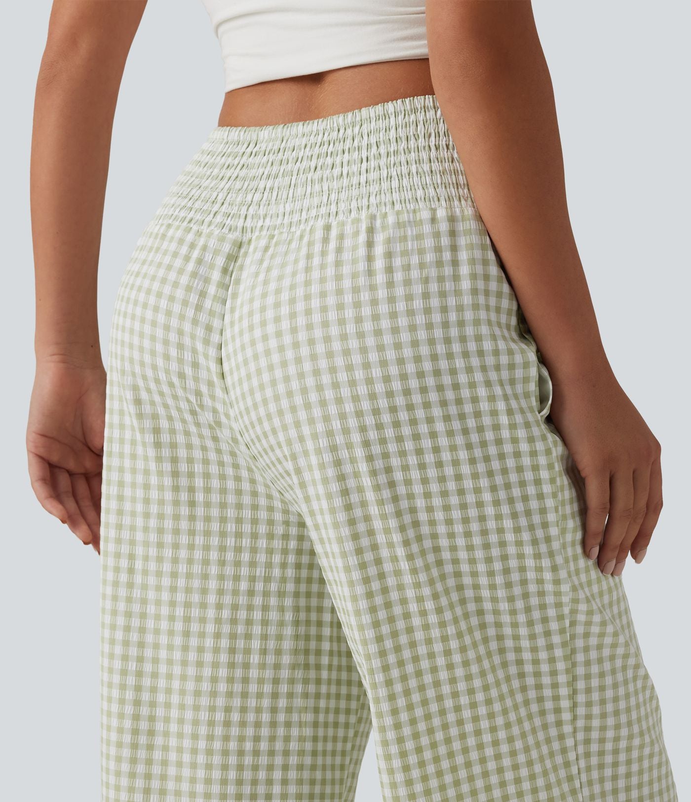 Pantalon large casual taille haute froncé à carreaux vichy avec poches