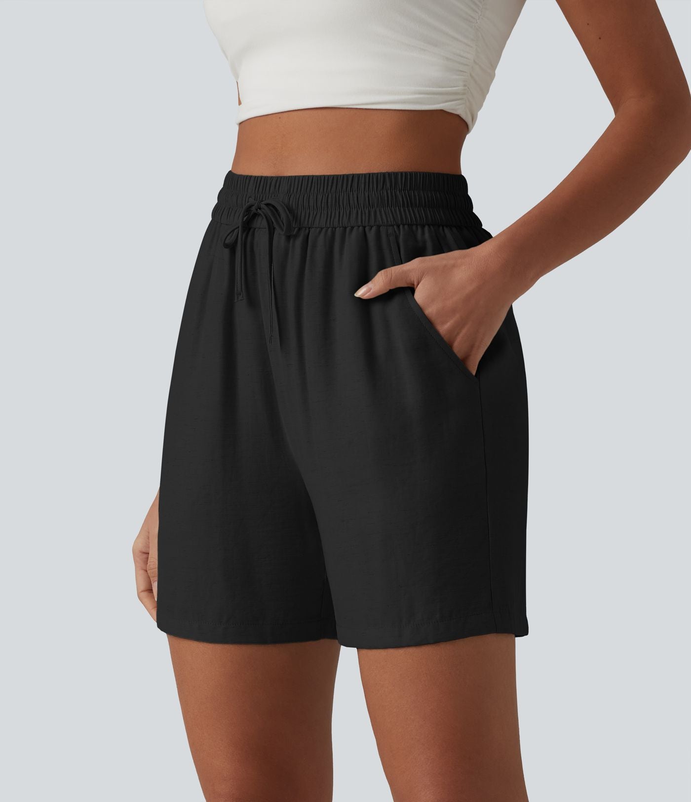 Short décontracté ample en lin mélangé taille haute avec cordon de serrage, 12,5 cm, et poches