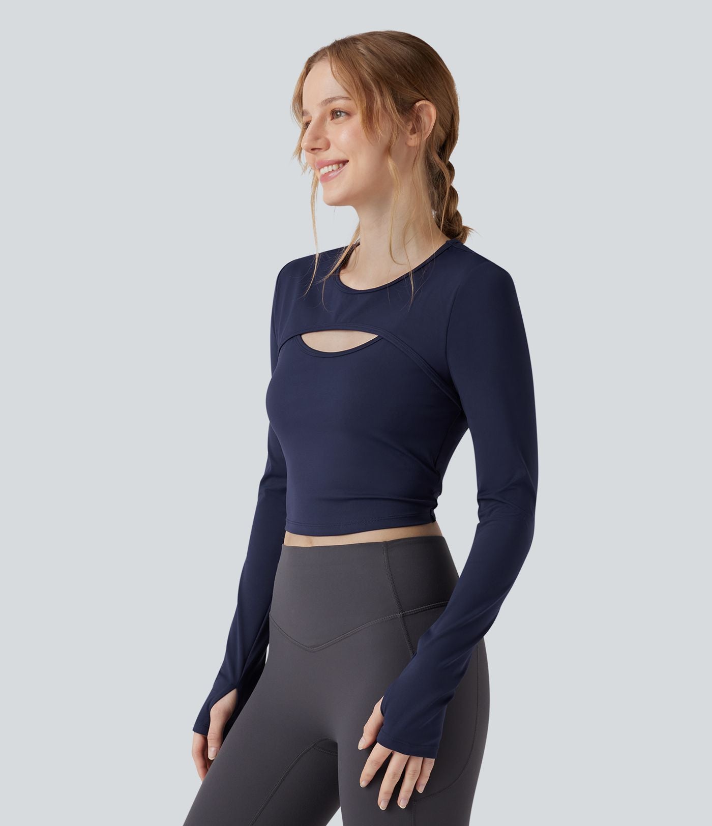 Haut de sport yoga court 2-en-1 col rond à manches longues avec passants pouces et laçage SoftlyZero™ Airy - UPF50+