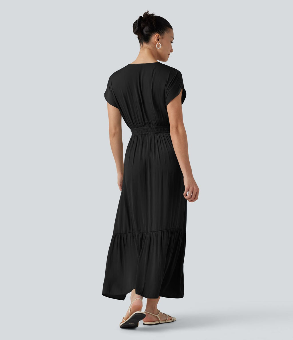 Robe midi décontractée fluide, col V, manches courtes