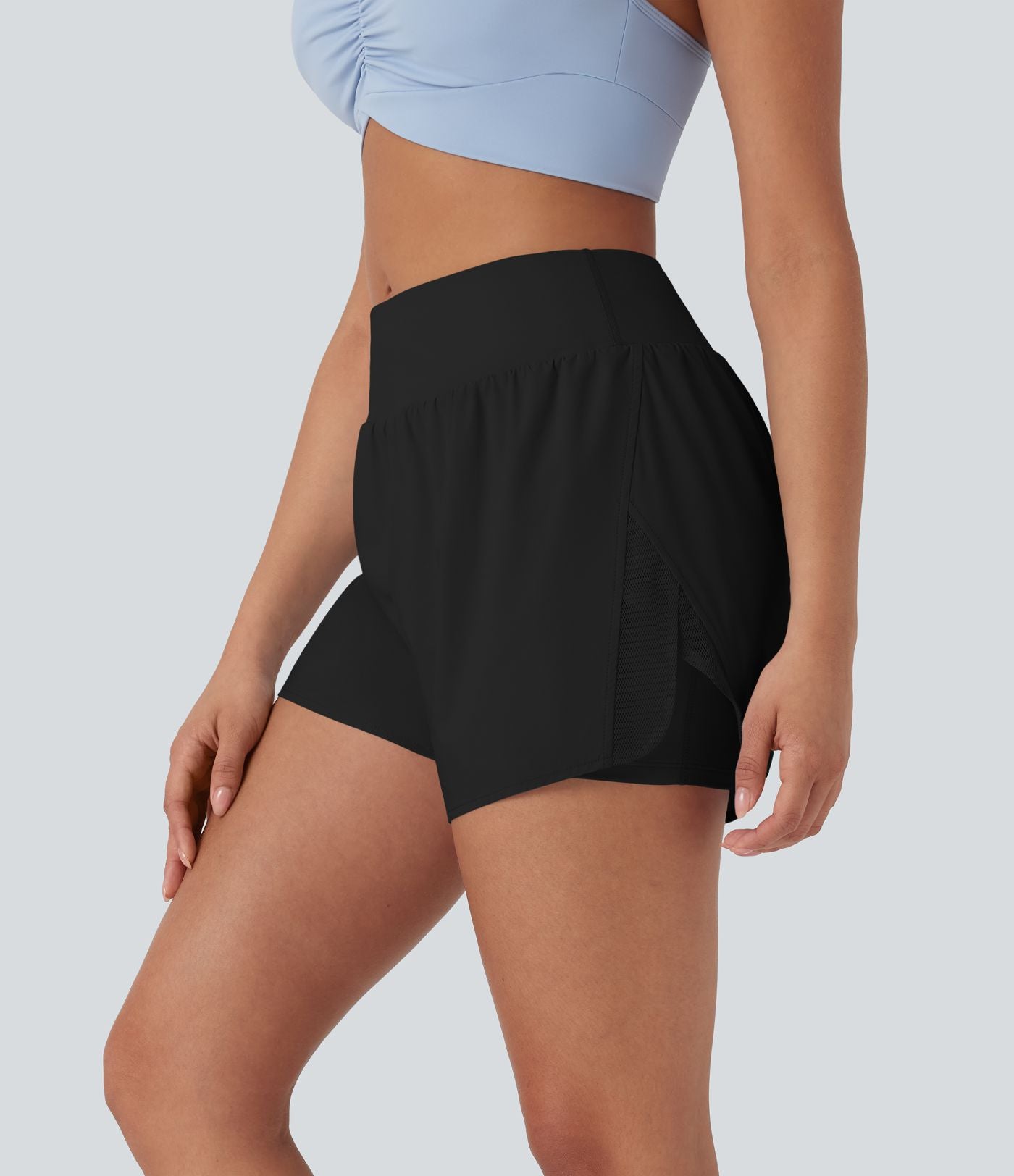Short yoga 2-en-1 maille contrastée taille mid-rise avec poches