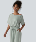 Combinaison ample à manches courtes et col bateau, cordon de serrage et poches - Édition Easy Peezy