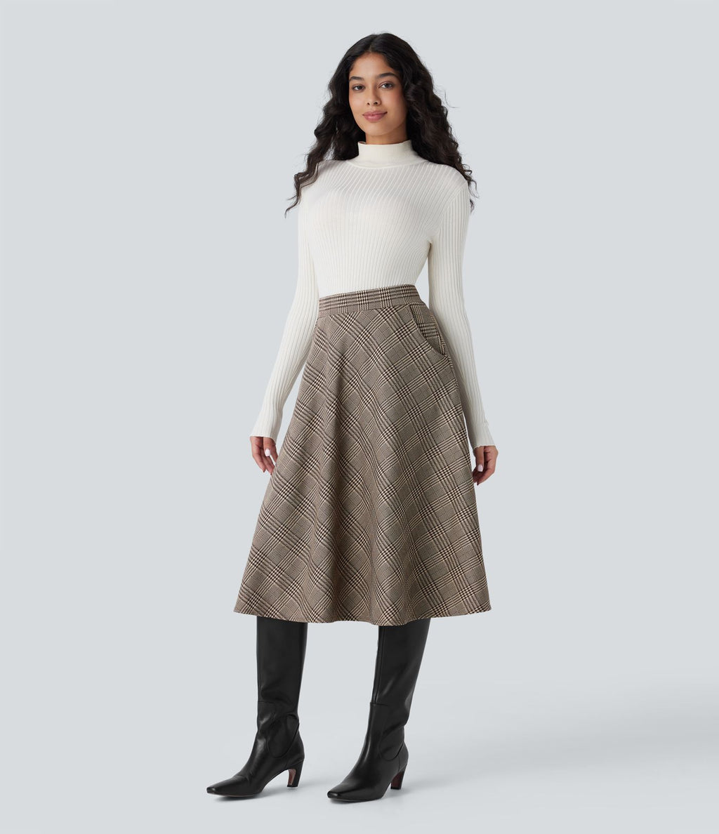 Jupe midi évasée à taille haute et poches latérales, motif pied-de-poule