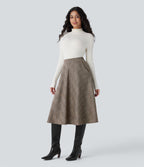 Jupe midi évasée à taille haute et poches latérales, motif pied-de-poule