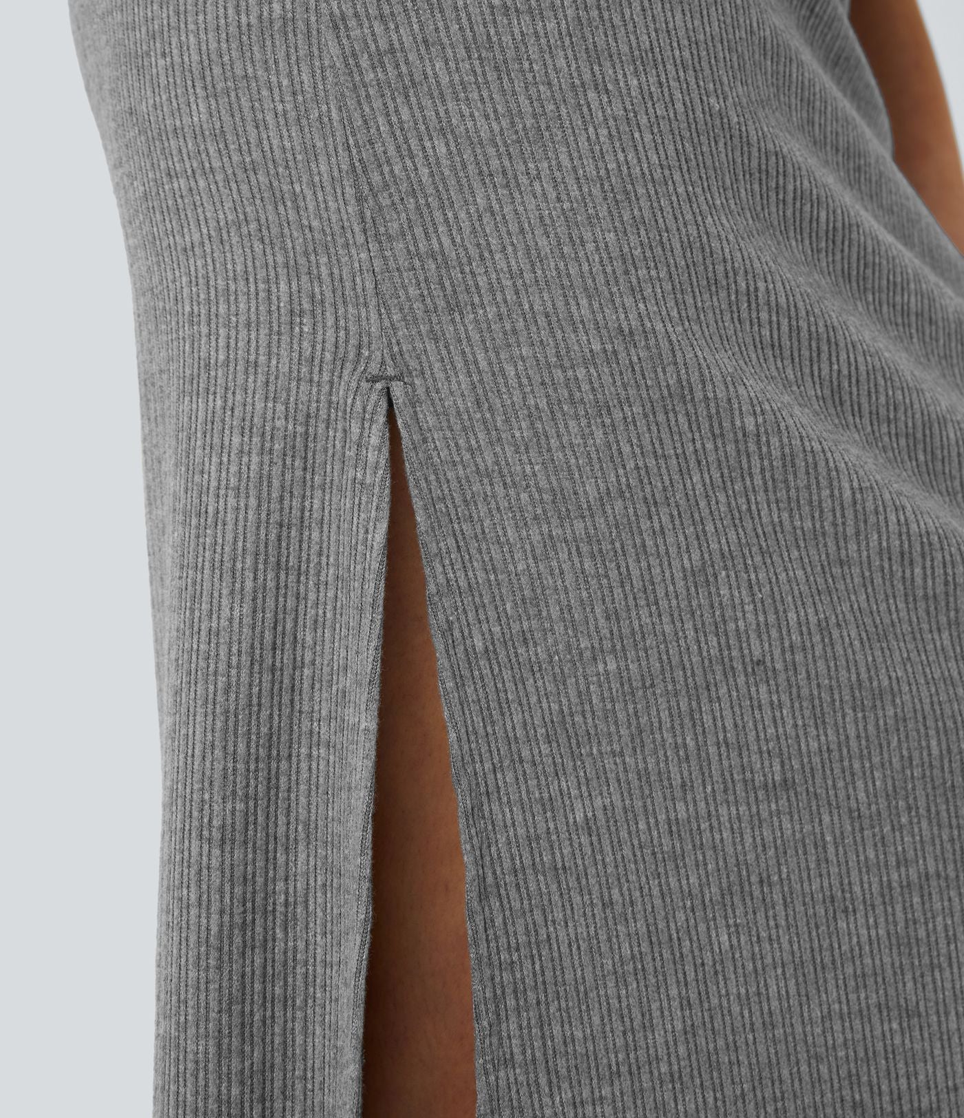 Jupe Casual Maxi à Taille Haute et Ourlet Fendu en A-Line en Côtes