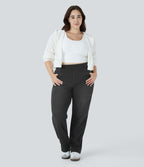 Jean décontracté Halara Flex™ grande taille, taille haute, multiples poches, jambes droites, effet délavé, en maille extensible